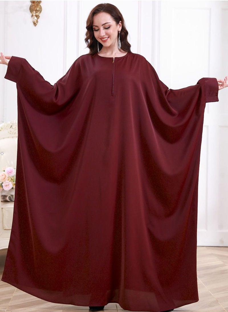 إسكدنيا Women's Casual Solid Color Long Sleeves Abaya Full Length Batwing Sleeves Dress Liturgical Clothes Muslim Wine Red 