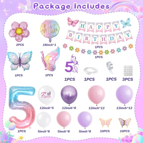 KISPATTI 5th Birthday Decorations for Girl 5 Year Old Birthday Decoration Girl Butterfly Bday Decor Happy Bday Banner Pink and Purple Balloons Five Bday Decor - Image 5