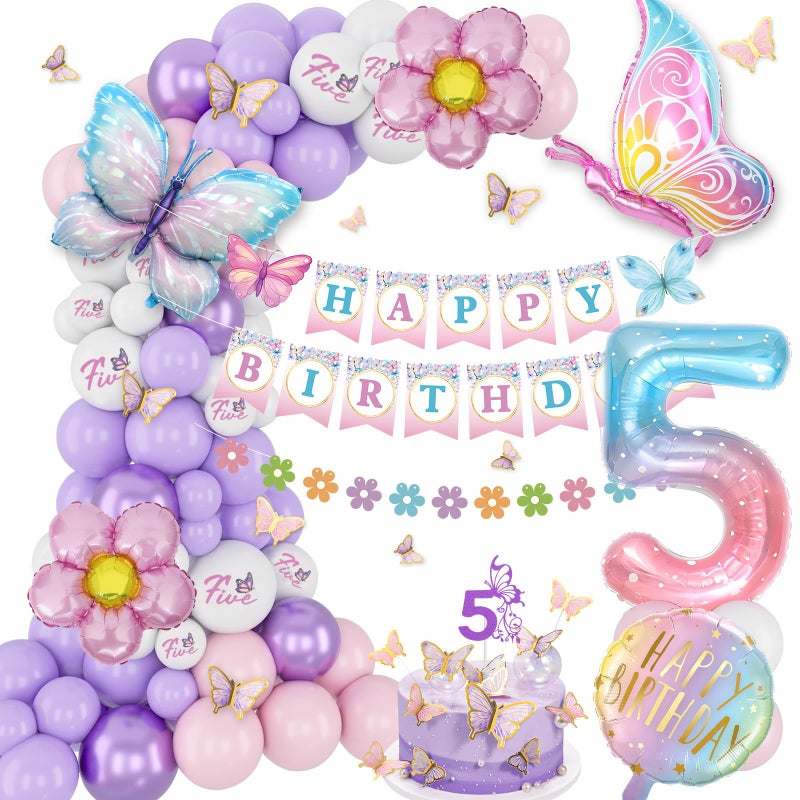 KISPATTI 5th Birthday Decorations for Girl 5 Year Old Birthday Decoration Girl Butterfly Bday Decor Happy Bday Banner Pink and Purple Balloons Five Bday Decor - Image 3