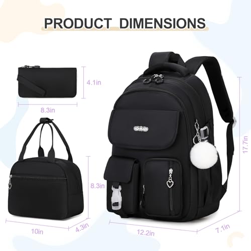 DIGOBAY Backpacks for Girls 3PCS School Backpack with Lunch Box Pencil Pouch for Teen Girls Kids Elementary Primary Middle High College Travel School bag Bookbag Set Black - Image 3