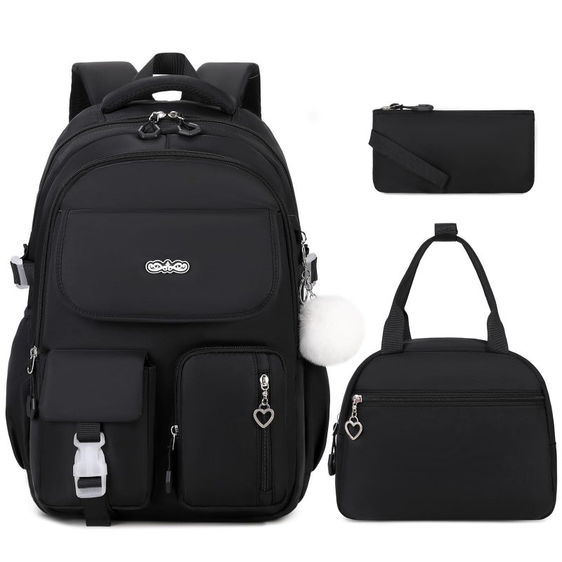 DIGOBAY Backpacks for Girls 3PCS School Backpack with Lunch Box Pencil Pouch for Teen Girls Kids Elementary Primary Middle High College Travel School bag Bookbag Set Black - Image 2