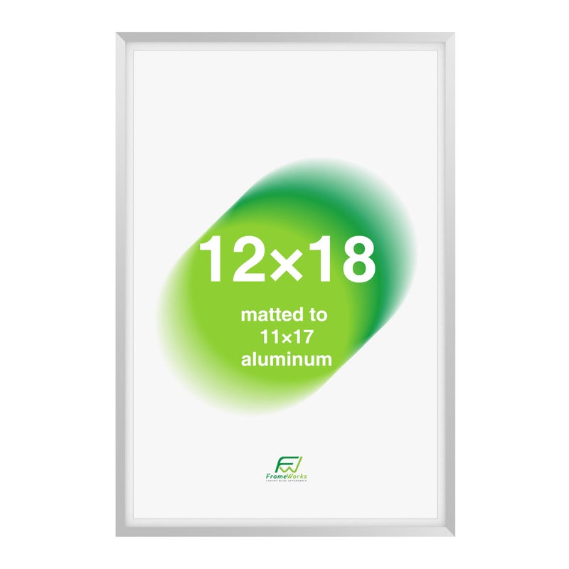 FrameWorks 12x18 Matted to 11x17 Picture Frame  Aluminum Frame wTempered Glass Removable Mat for Photos Poster Art Stylish Wall Frame for Home Decor Gallery Walls Office Living Room  Silver