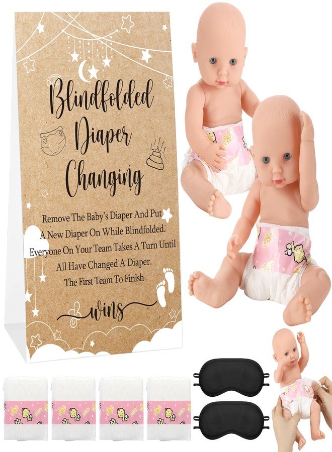 Lineshading 9 Pcs Baby Shower Diaper Changing Game Supplies including Baby Dolls Blindfold diapers wooden sign Changing Race Game party favor (Star,Brown) - Image 1