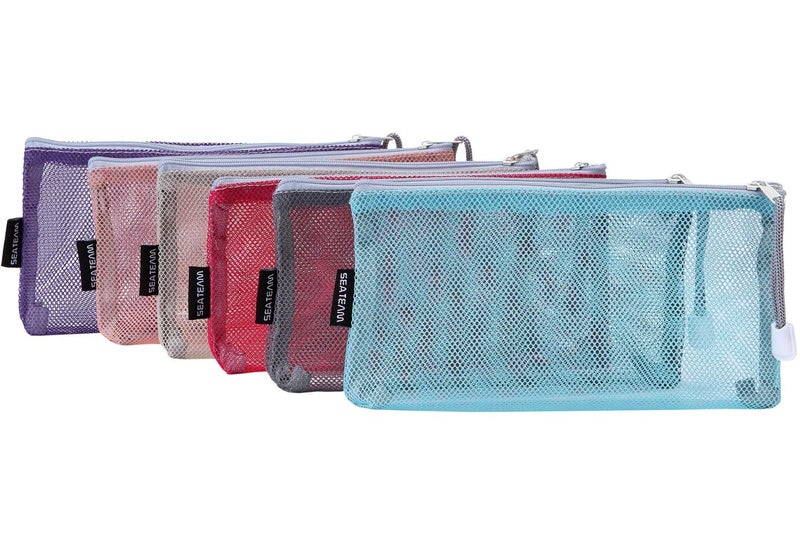 Sea Team 6pcs Multicolored Portable Travel Toiletry Pouch Nylon Mesh Cosmetic Makeup Organizer Bag with Zipper - Image 1