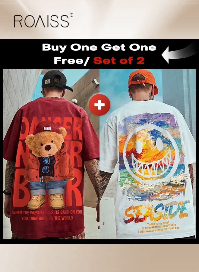 roaiss 2Pcs Man's T-shirt Loose Version Trendy All-Match Pattern Printing Short Sleeves  - Image 1
