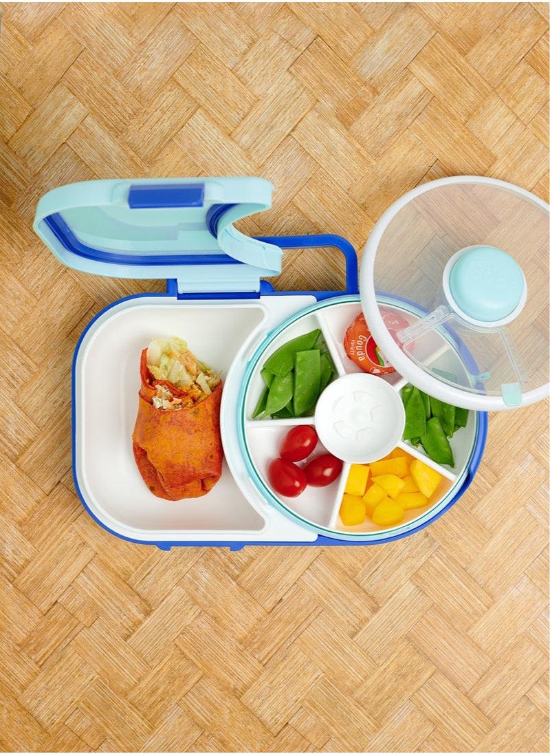 GoBe Kids Lunchbox with Detachable Snack Spinner, Bundle with Hand Strap & Sticker Sheet, Reusable Bento Style Lunch Container, 5 Small + 1 Large Sandwich Compartment, BPA & PVC Free, Dishwasher Safe