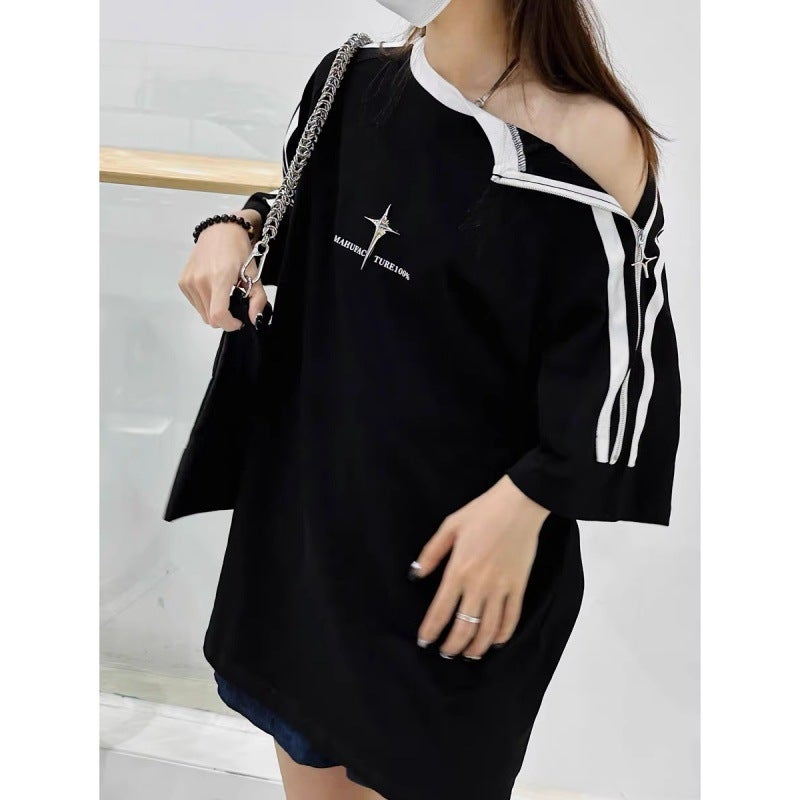 Zipper Deconstructed Striped T-Shirt Men'S Summer Trendy Design Sense Short-Sleeved Top Loose American High Street Half-Sleeved T-Shirt - Image 3