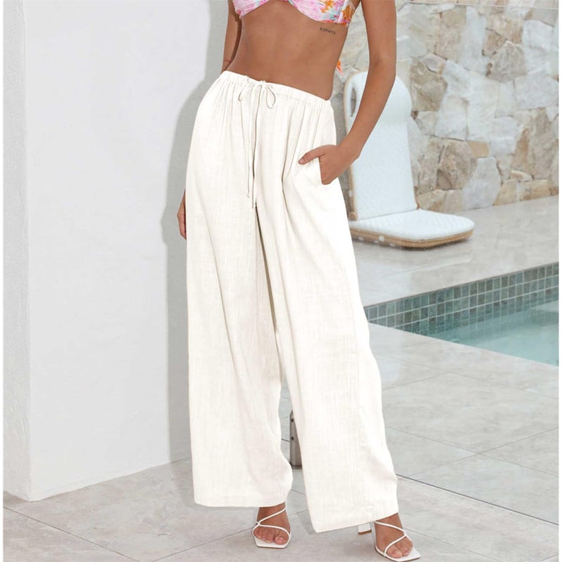 Duyang Womens Cotton Linen Palazzo Pants Drawstring Elastic Waist Casual Wide Leg Trousers with Pockets(Apricot,XL) - Image 3
