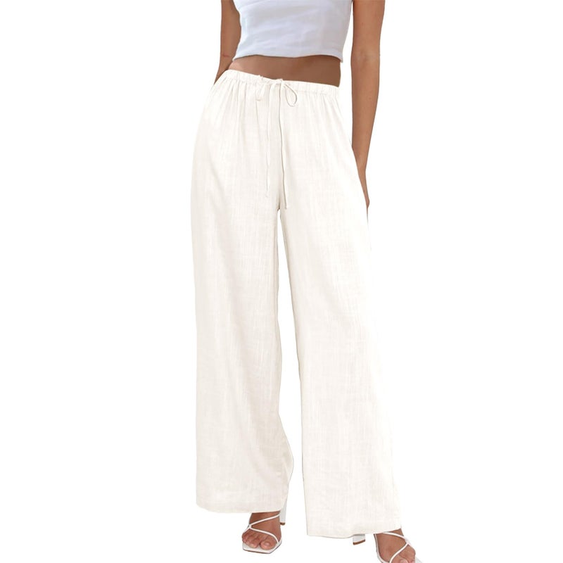 Duyang Womens Cotton Linen Palazzo Pants Drawstring Elastic Waist Casual Wide Leg Trousers with Pockets(Apricot,XL) - Image 1