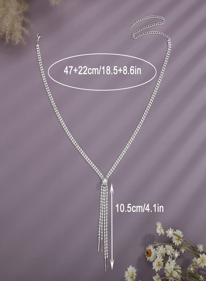 يرتير قلادة YERTTER الرقيقة من سلسلة فضية مرصعة بالكامل بأحجار الراين، مع قلادة من اللؤلؤ الصناعي، وسلسلة على شكل حرف Y، وقلادة تشوكر مزينة بشرابة كريستالية، قابلة للتعديل، مناسبة للحفلات الموسيقية والنوادي الليلية للنساء (فضي 3) - Image 3