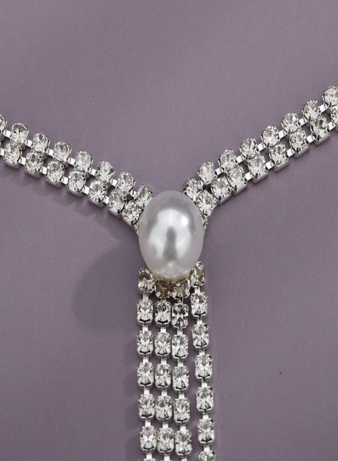 يرتير قلادة YERTTER الرقيقة من سلسلة فضية مرصعة بالكامل بأحجار الراين، مع قلادة من اللؤلؤ الصناعي، وسلسلة على شكل حرف Y، وقلادة تشوكر مزينة بشرابة كريستالية، قابلة للتعديل، مناسبة للحفلات الموسيقية والنوادي الليلية للنساء (فضي 3) - Image 4