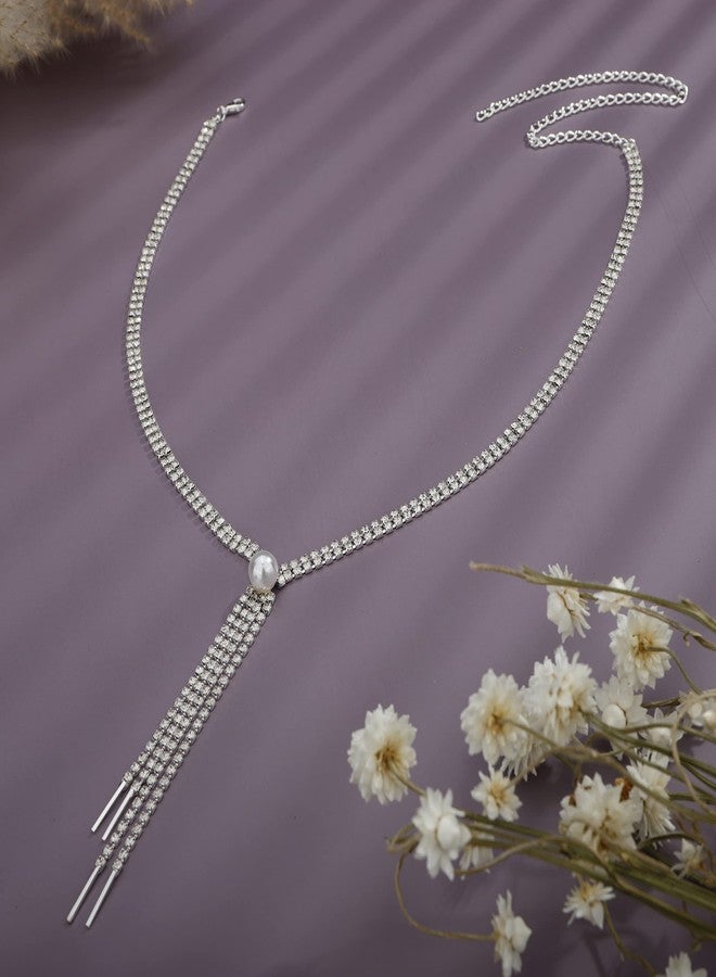 يرتير قلادة YERTTER الرقيقة من سلسلة فضية مرصعة بالكامل بأحجار الراين، مع قلادة من اللؤلؤ الصناعي، وسلسلة على شكل حرف Y، وقلادة تشوكر مزينة بشرابة كريستالية، قابلة للتعديل، مناسبة للحفلات الموسيقية والنوادي الليلية للنساء (فضي 3) - Image 2
