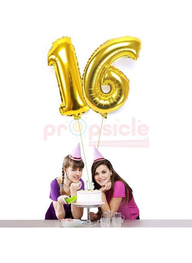 Propsicle - Propsicle 16 inch Birthday Foil 16 Number Helium Balloon Party Decoration Golden Pack of 2 | 16 Year No. Balloons Birthday/Anniversary | Sixteen Number - Image 1