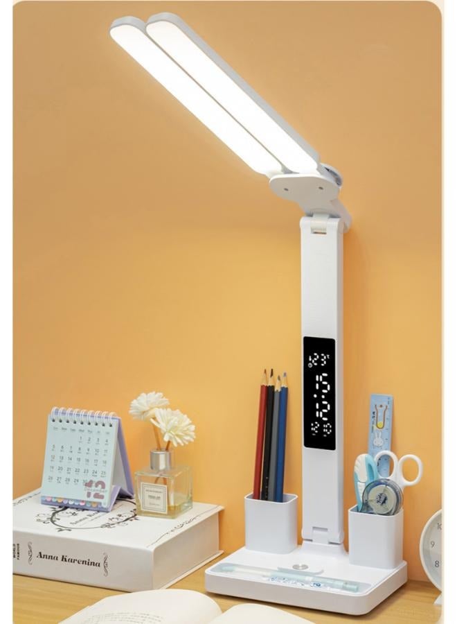 LED Desk Lamp with Clock Double Head Flexo LED Desk USB Rechargeable 3 Color Modes, Dimmable 0-100%, Pen Holder, Adjustable Angle, Touch Control, for Reading Study  - Image 1