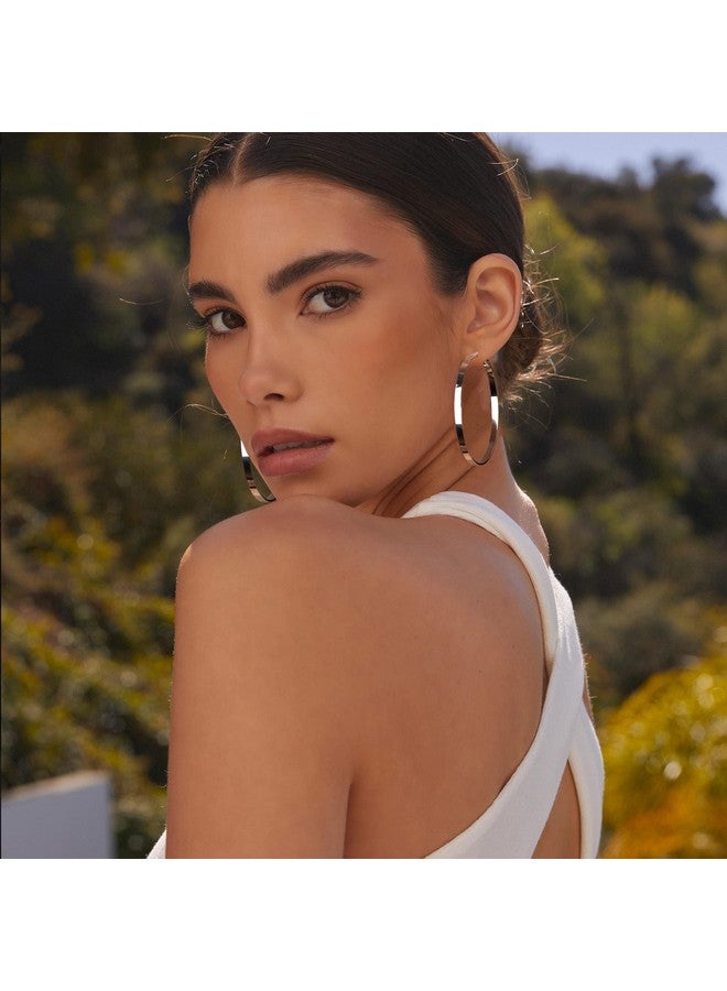 EXGOX 4Mm Wide Silver Hoop Earrings For Women Sterling Silver Large Hoop Earrings 14K Real Gold Plated Hoop Earrings Hypoallergenic 925 Silver Big Hoop Earrings For Women (30/40/50/60Mm) - Image 2