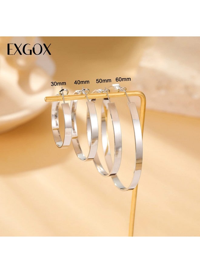 EXGOX 4Mm Wide Silver Hoop Earrings For Women Sterling Silver Large Hoop Earrings 14K Real Gold Plated Hoop Earrings Hypoallergenic 925 Silver Big Hoop Earrings For Women (30/40/50/60Mm) - Image 5