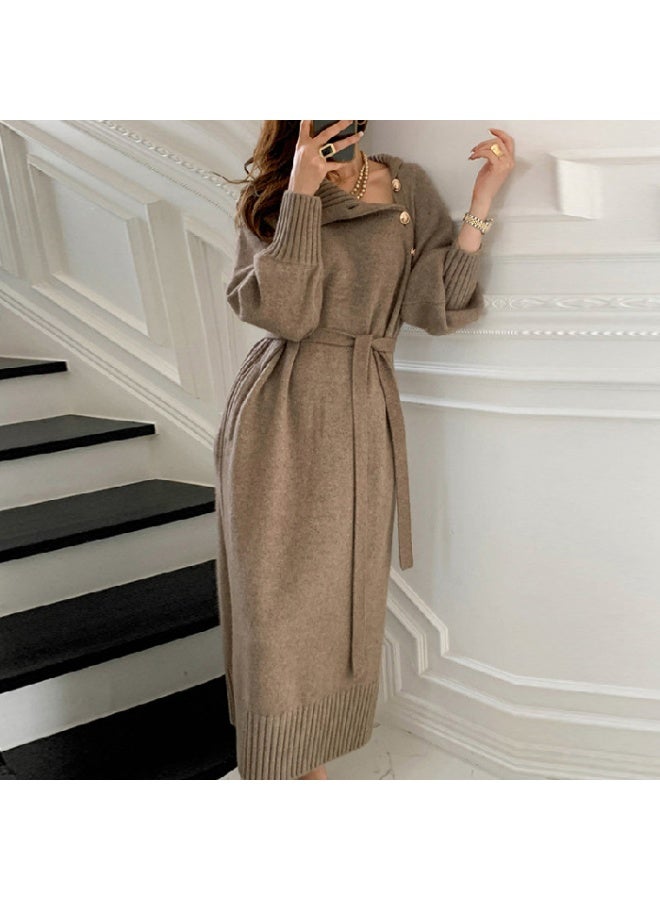 NIBEMINENT Solid Slant Button Belted Dress, Elegant Long Sleeve Maxi Dress For Fall & Winter, Women's Clothing - Image 1