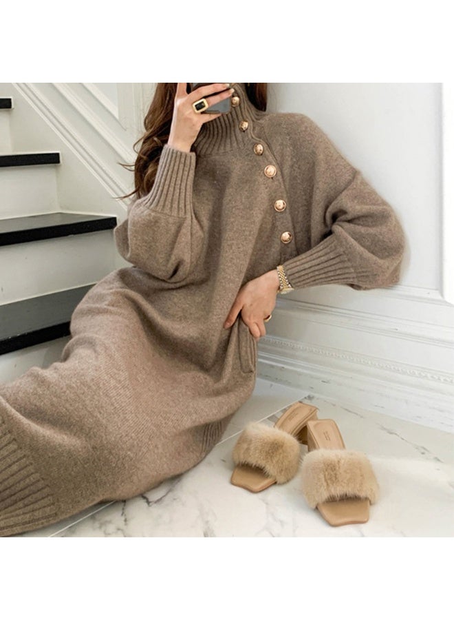 NIBEMINENT Solid Slant Button Belted Dress, Elegant Long Sleeve Maxi Dress For Fall & Winter, Women's Clothing - Image 3