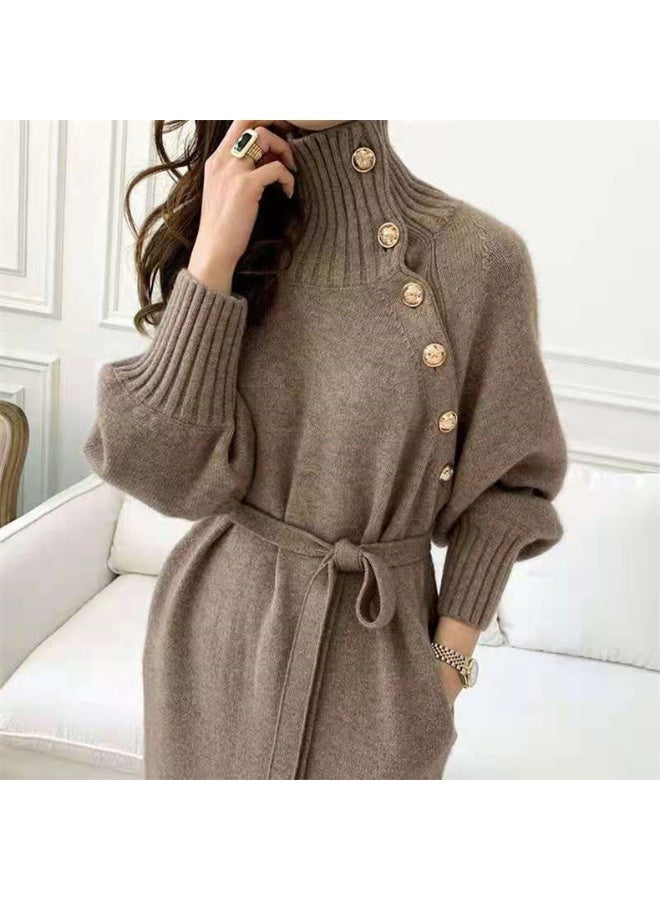 NIBEMINENT Solid Slant Button Belted Dress, Elegant Long Sleeve Maxi Dress For Fall & Winter, Women's Clothing - Image 2
