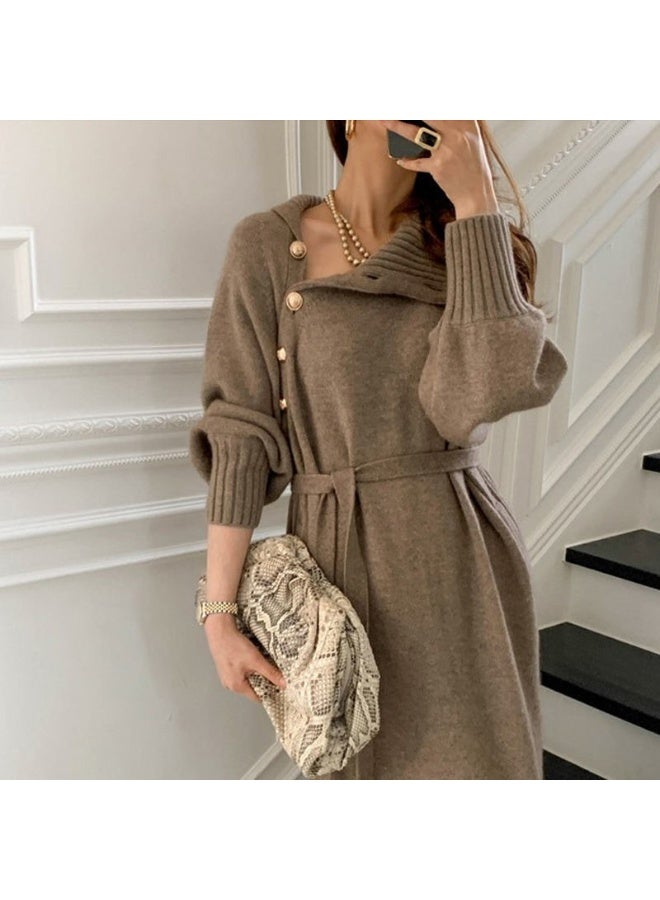 NIBEMINENT Solid Slant Button Belted Dress, Elegant Long Sleeve Maxi Dress For Fall & Winter, Women's Clothing - Image 4
