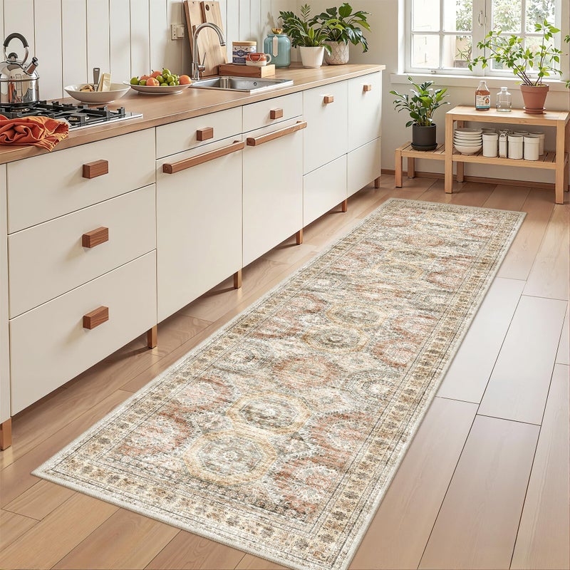 Restydon Rug Runners for Hallways Non Slip - 2x8 Runner Rug for Bedroom, Washable Runner with Rubber Backing, Soft Low-Pile Carpet for Kitchen, Laundry, Bathroom (2'x8', Brown/Pink) - Image 3