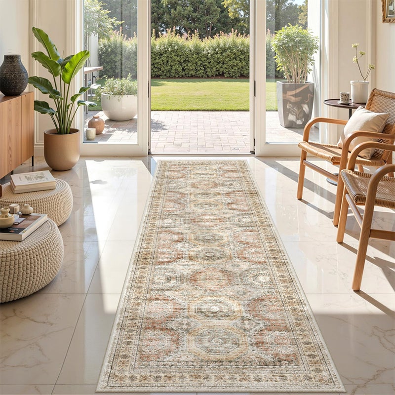 Restydon Rug Runners for Hallways Non Slip - 2x8 Runner Rug for Bedroom, Washable Runner with Rubber Backing, Soft Low-Pile Carpet for Kitchen, Laundry, Bathroom (2'x8', Brown/Pink) - Image 2