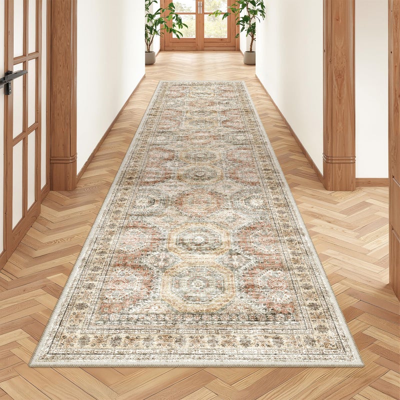 Restydon Rug Runners for Hallways Non Slip - 2x8 Runner Rug for Bedroom, Washable Runner with Rubber Backing, Soft Low-Pile Carpet for Kitchen, Laundry, Bathroom (2'x8', Brown/Pink) - Image 1