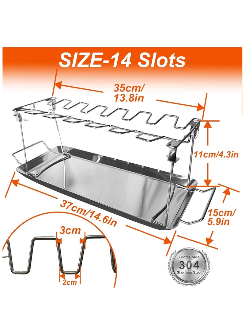 Beauenty 14-Slot Chicken Leg and Wing Rack for Grill with Drip Tray, Stainless Steel Drumstick Holder with Grill Clips, Oil Brush, Heat-Resistant Gloves, BBQ Roasting Stand for Oven, r, Camping  Parties - Image 2