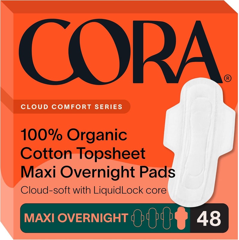 cora 100% Organic Cotton Topsheet Pads (48 Maxi Overnight Pads) - Image 1