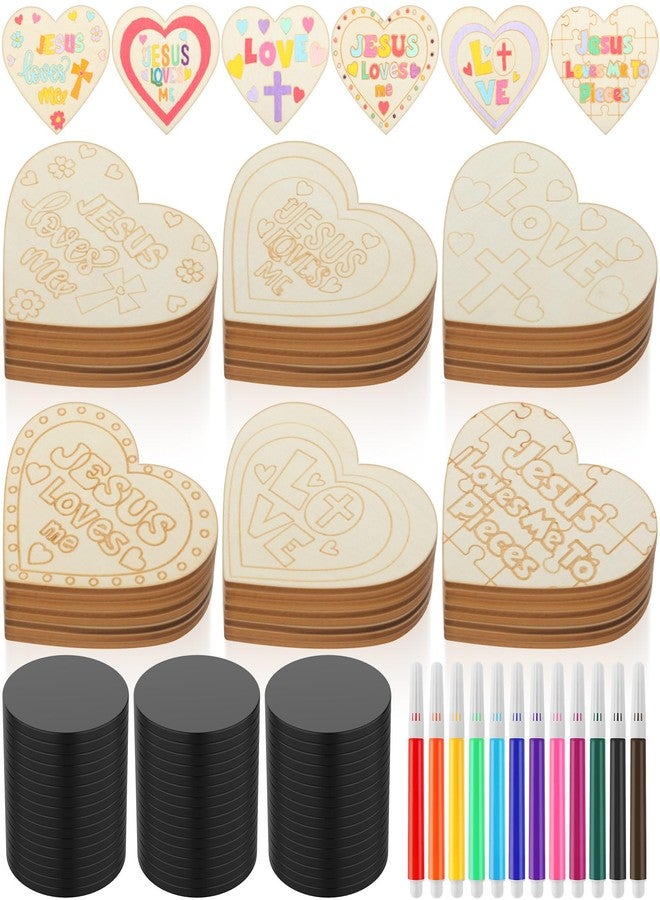 Blueweenly 48 Set Christian Magnets Crafts DIY Jesus Loves Me Heart Craft Kit Religious Unfinished Wood Cutouts Magnet Watercolor Pens for Sunday School Class Church Activities - Image 1