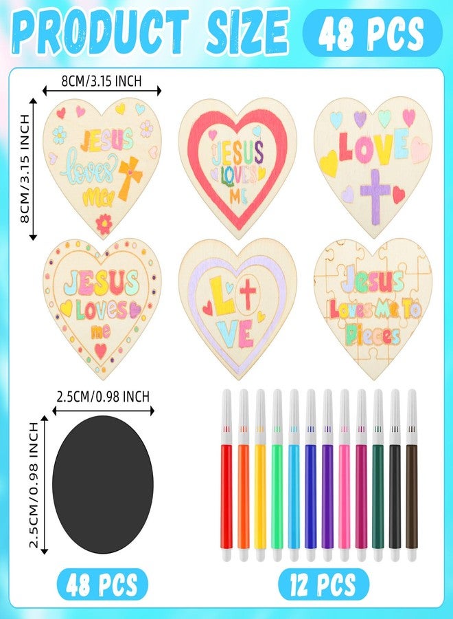 Blueweenly 48 Set Christian Magnets Crafts DIY Jesus Loves Me Heart Craft Kit Religious Unfinished Wood Cutouts Magnet Watercolor Pens for Sunday School Class Church Activities - Image 2