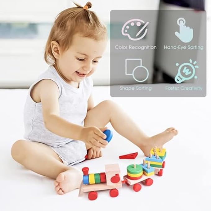 STACKING TRAIN, PULL ALONG TOYS FOR TODDLERS, MONTESSORI WOODEN SORTING STACKING TOYS, PRESCHOOL EDUCATIONAL TOY FOR KIDS, WOODEN BLOCKS FOR BOYS GIRLS - Image 5