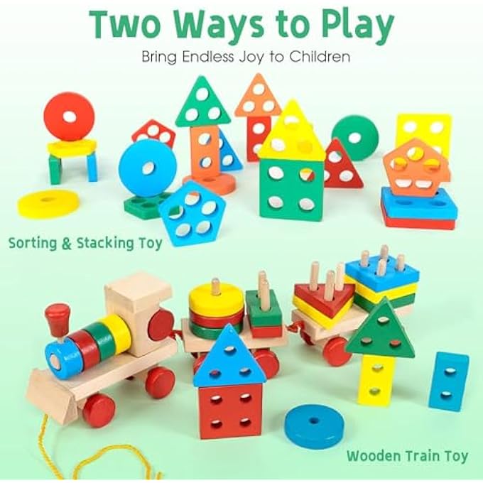STACKING TRAIN, PULL ALONG TOYS FOR TODDLERS, MONTESSORI WOODEN SORTING STACKING TOYS, PRESCHOOL EDUCATIONAL TOY FOR KIDS, WOODEN BLOCKS FOR BOYS GIRLS - Image 3