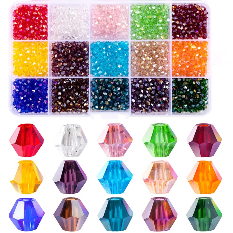 MissAudrey 1800pcs 4mm Bicone Crystal Glass Beads for Jewelry Making Bracelets Necklaces Earrings Assorted 15 Colors AB Faceted Spacer Beads with Container Box
