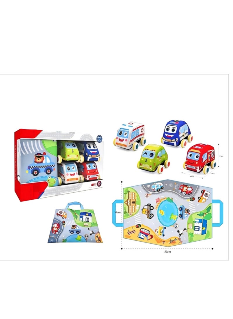 HUANGER Huanger Pull Back Vehicle Set, 4 Piece Emergency Cars with Play Mat, Educational Toys for Toddlers 12+ Months, Multi-colour（Halal-Certified Safe Design） 