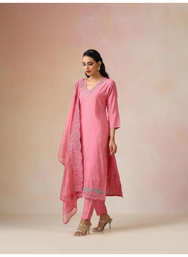 trueBrowns trueBrowns Pink Embroidered Kurta Pant Dupatta Set