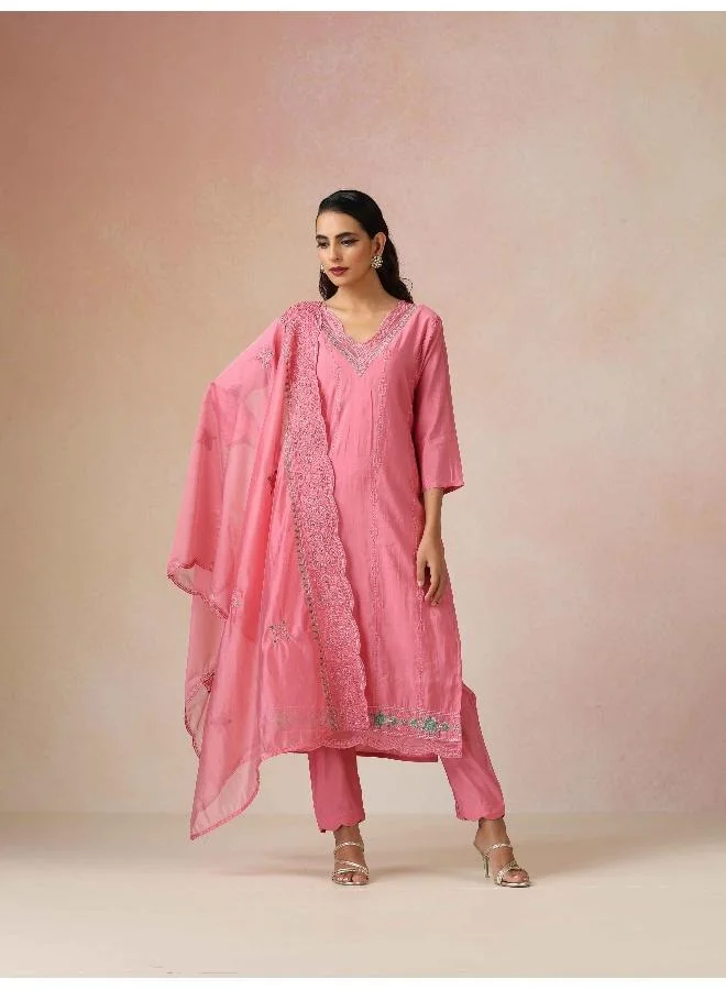 trueBrowns trueBrowns Pink Embroidered Kurta Pant Dupatta Set
