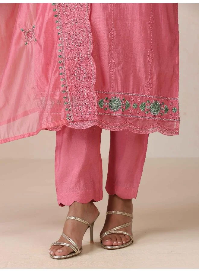 trueBrowns trueBrowns Pink Embroidered Kurta Pant Dupatta Set