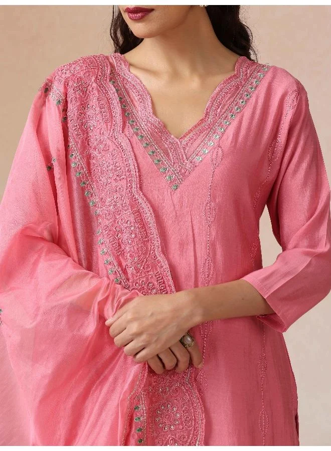 trueBrowns trueBrowns Pink Embroidered Kurta Pant Dupatta Set