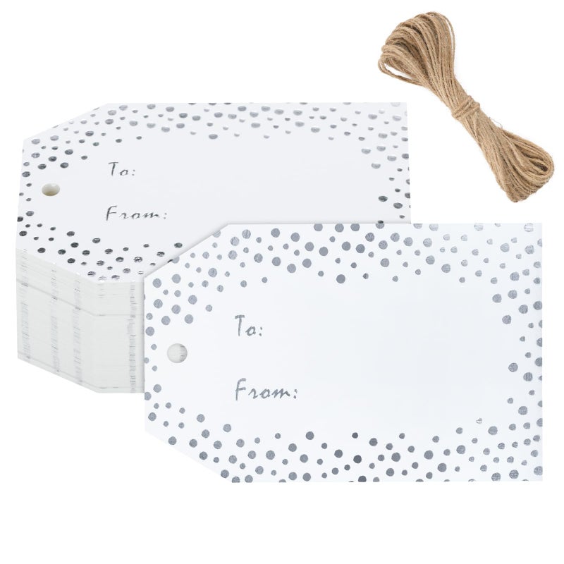 Anwyll Gift Tags with String 50Pcs Silver Foil Name Gift Tags Confetti Polka Dot to from Gift Bag Tag Personalized Hang Paper Label Tag for Baby Shower Birthday Party Wedding Christmas Favors - Image 3