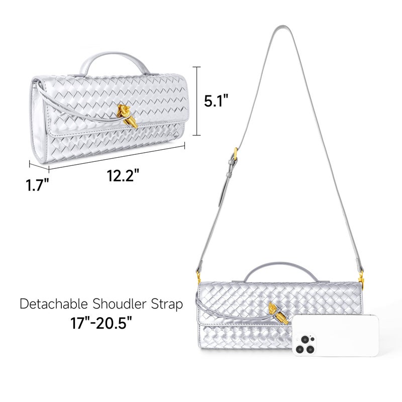 Joryin Woven Purse for Women Evening Clutch Woven Leather Handbags Crossbody Bag Purse Formal Evening Bag, Silver - Image 4