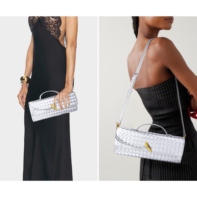 Joryin Woven Purse for Women Evening Clutch Woven Leather Handbags Crossbody Bag Purse Formal Evening Bag, Silver - Image 2