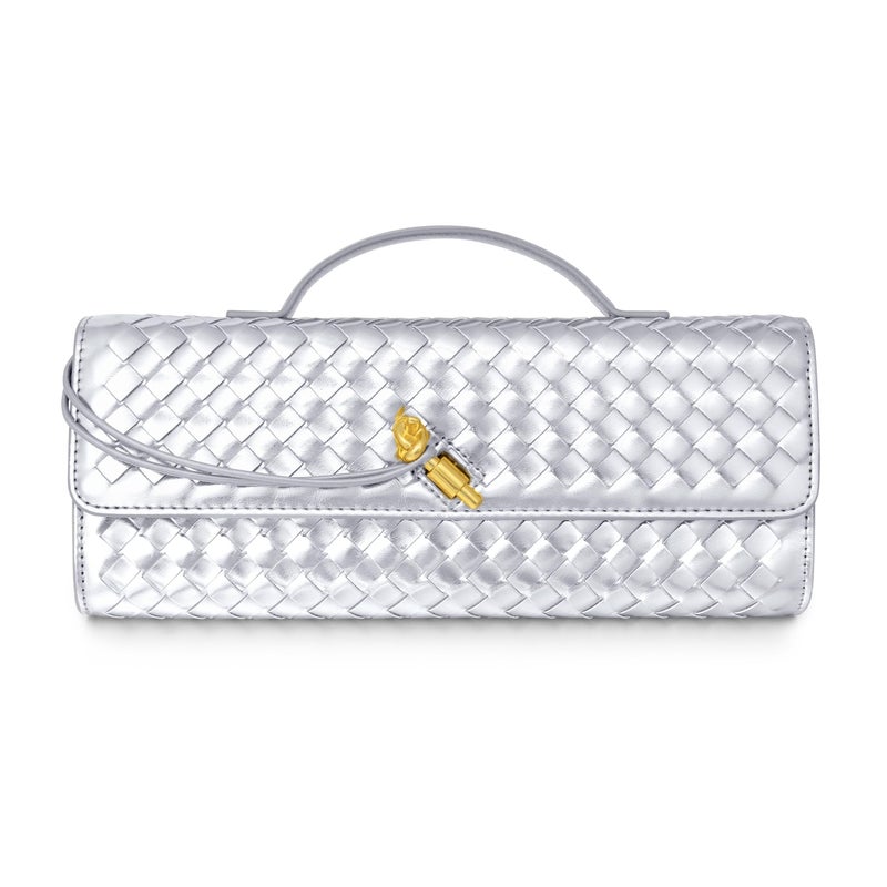Joryin Woven Purse for Women Evening Clutch Woven Leather Handbags Crossbody Bag Purse Formal Evening Bag, Silver - Image 1