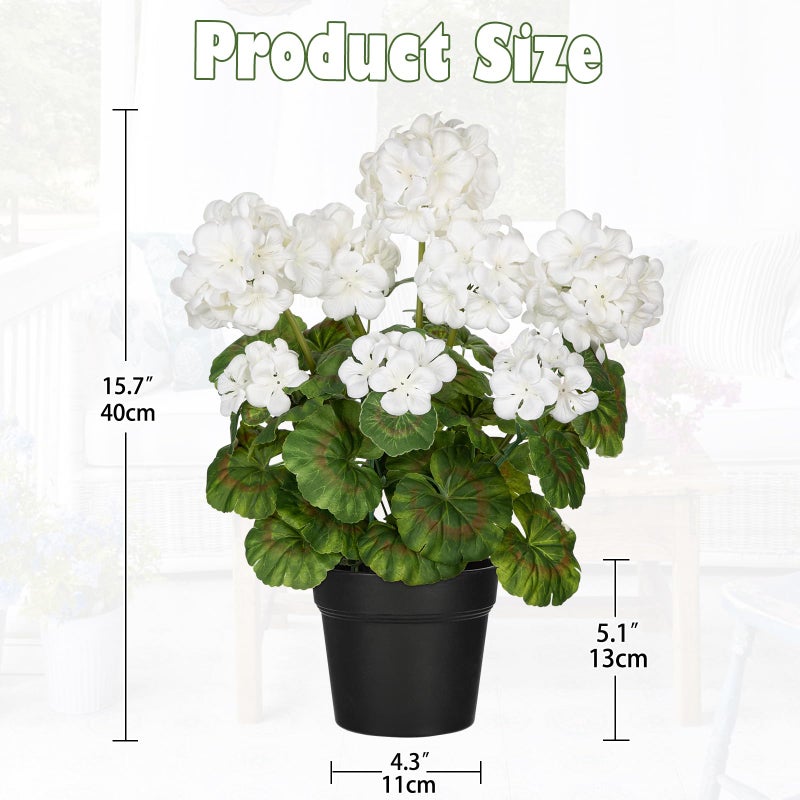 Briful Artificial Geranium Potted Plant â€“ 16â€ Tall, Realistic Silk Flowers with Vibrant Green Leaves, White Geraniums Fake Flowers for Outdoors Home DÃ©cor, Wedding Farmhouse Office Tables Decor - Image 2