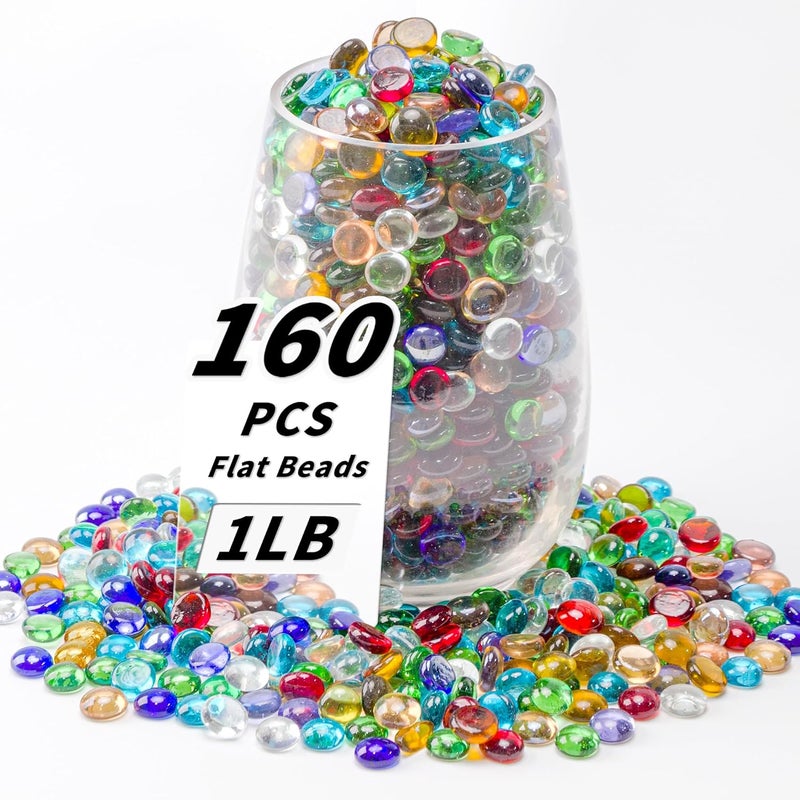 Foncomy 1 LB Mixed Color Flat Glass Beads, 160-180PCS Small Glass Marbles, Mini Flat Round Pebbles for Vase Filler and Floral, Fish Tank Rocks Decorative Gemstones for Home and Aquarium Décor - Image 1