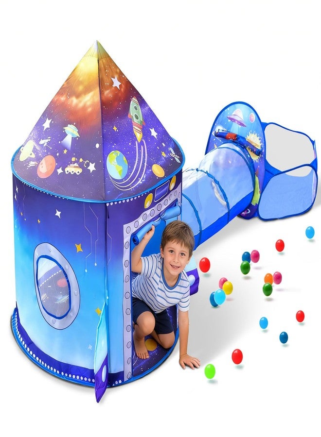 WillingHeart 3 in 1 Rocket Ship Play Tent with Tunnel Ball Pit for Kids Space Themed Pop Up Playhouse Indoor Outdoor Astronaut Tent Set Toy Gift for Boys Girls Toddler Baby Child Games Birthday Party - Image 1