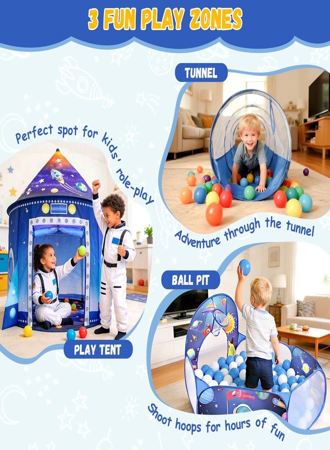 WillingHeart 3 in 1 Rocket Ship Play Tent with Tunnel Ball Pit for Kids Space Themed Pop Up Playhouse Indoor Outdoor Astronaut Tent Set Toy Gift for Boys Girls Toddler Baby Child Games Birthday Party - Image 3
