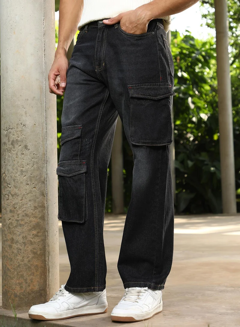 Campus Sutra Campus Sutra Men's Charcoal Black Washed Straight-Leg Denim Jeans For Casual Wear | Mid-Rise | Straight Fit | Button Closure | Denim Jeans Crafted With Comfort Fit For Everyday Wear