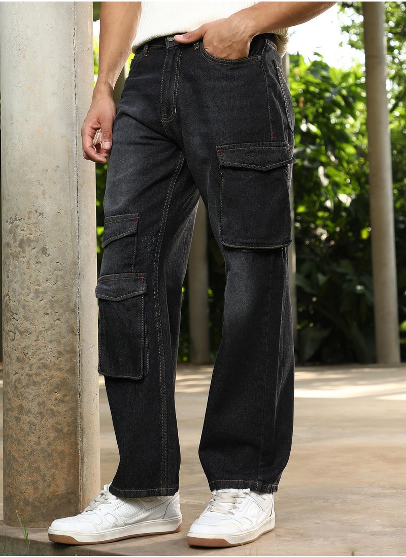 Campus Sutra Campus Sutra Men's Charcoal Black Washed Straight-Leg Denim Jeans For Casual Wear | Mid-Rise | Straight Fit | Button Closure | Denim Jeans Crafted With Comfort Fit For Everyday Wear  - Image 3