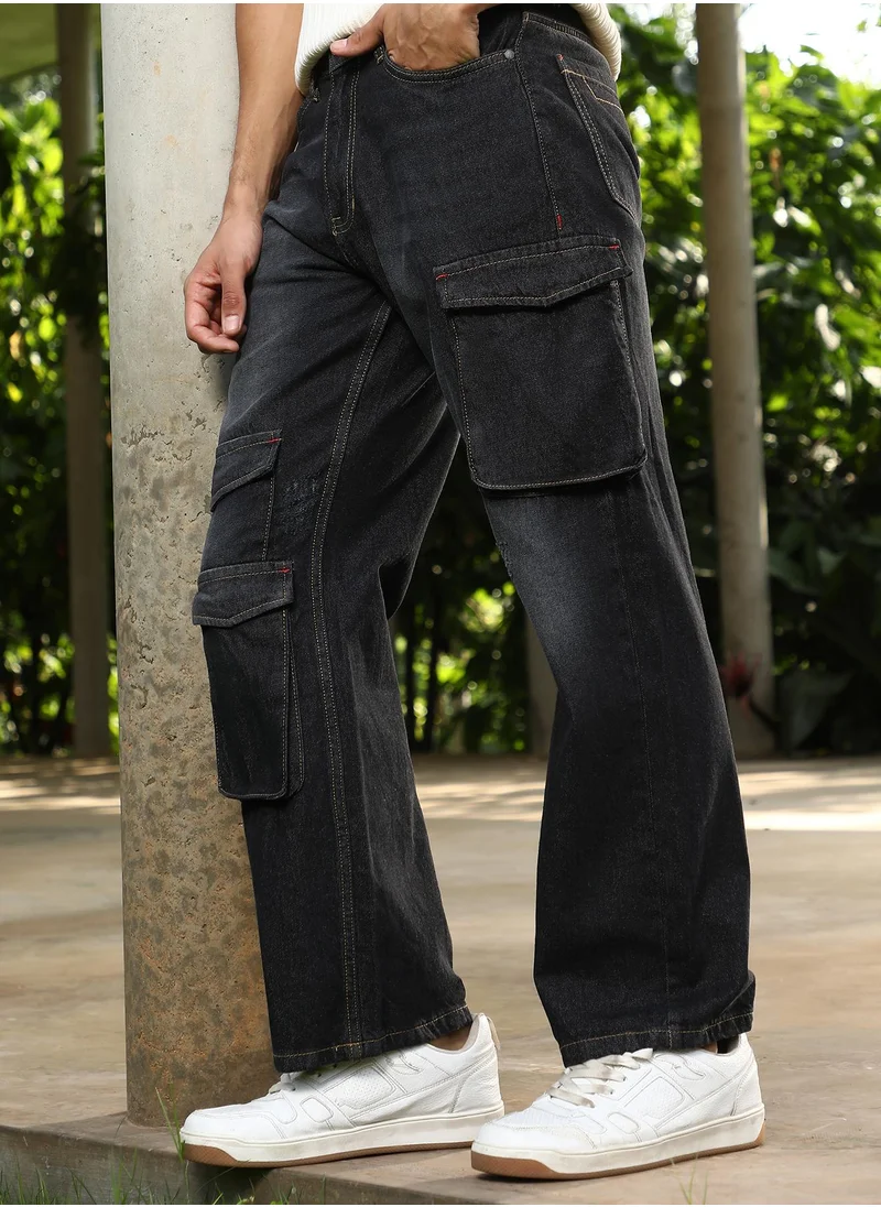كامبوس سوترا Campus Sutra Men's Charcoal Black Washed Straight-Leg Denim Jeans For Casual Wear | Mid-Rise | Straight Fit | Button Closure | Denim Jeans Crafted With Comfort Fit For Everyday Wear